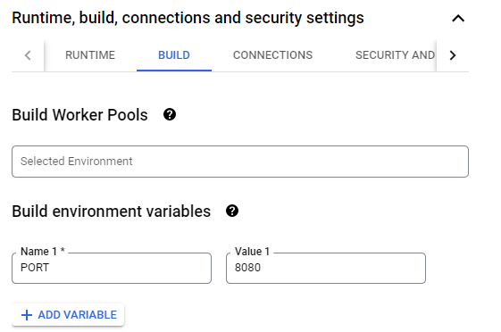 Runtime, build, connections and security settings