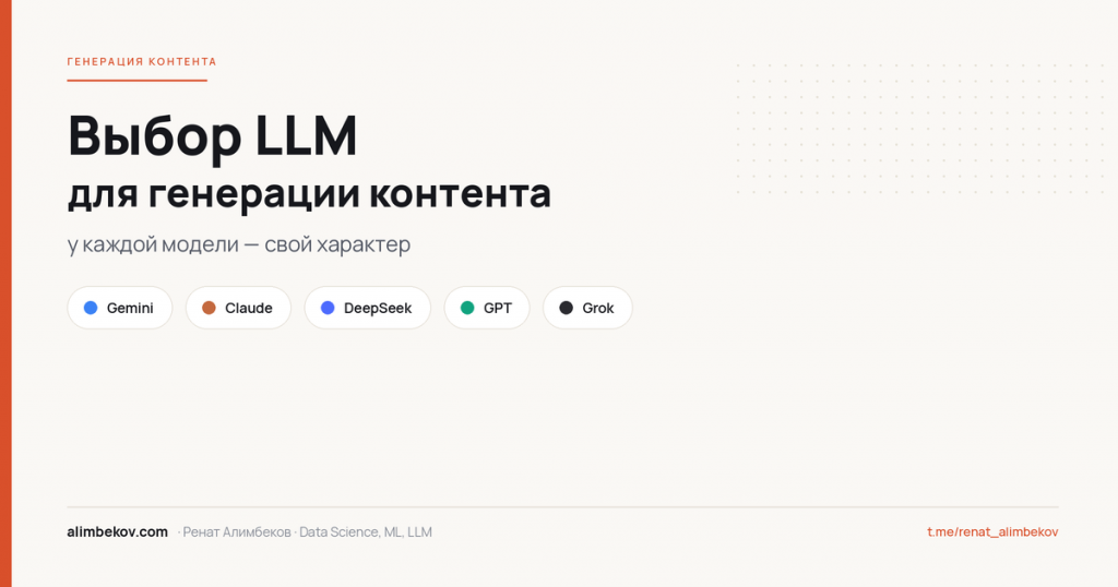 Выбор LLM для генерации контента» с чипами моделей Gemini, Claude, DeepSeek, GPT и Grok