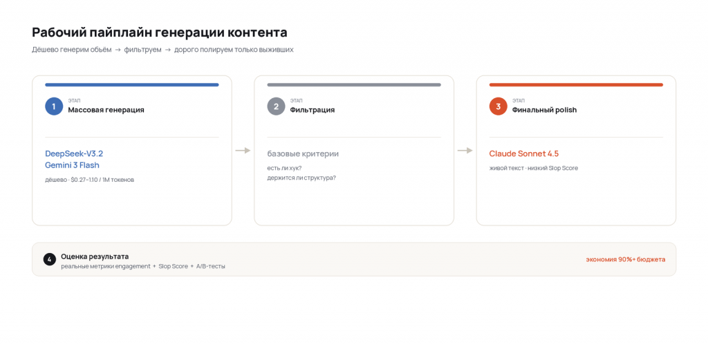 Схема пайплайна генерации контента: массовая генерация на DeepSeek и Gemini Flash, фильтрация и финальный polish на Claude Sonnet