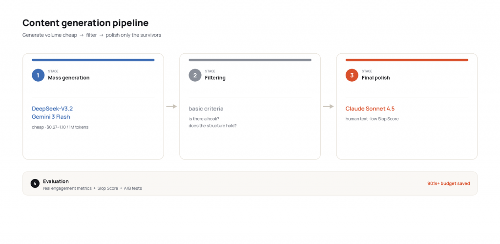 Content generation pipeline diagram: mass generation on DeepSeek and Gemini Flash, filtering, and final polish on Claude Sonnet